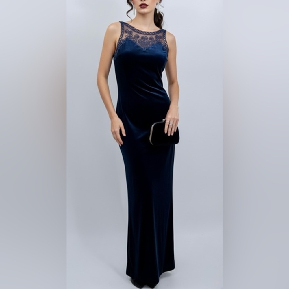 SCOTT MCCLINTOCK Vintage 90s Navy Velvet Soutache Illusion Gown